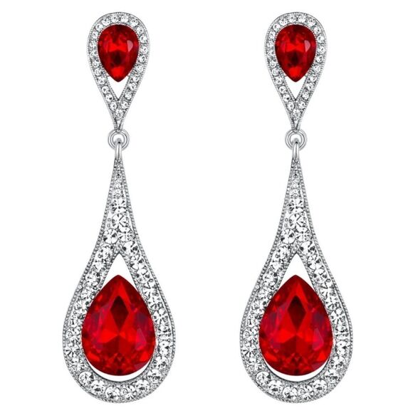 Silver with Ruby Red and White Diamond Austrian Crystal Dual Teardrop Earrings - Picture 1 of 4